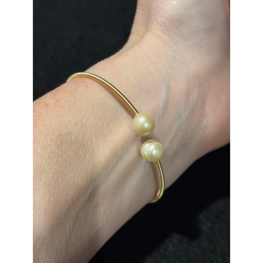 Handmade Gold Wire Wrapped Pearl Cuff Bracelet Open Bangle Cream Pearl Accent
